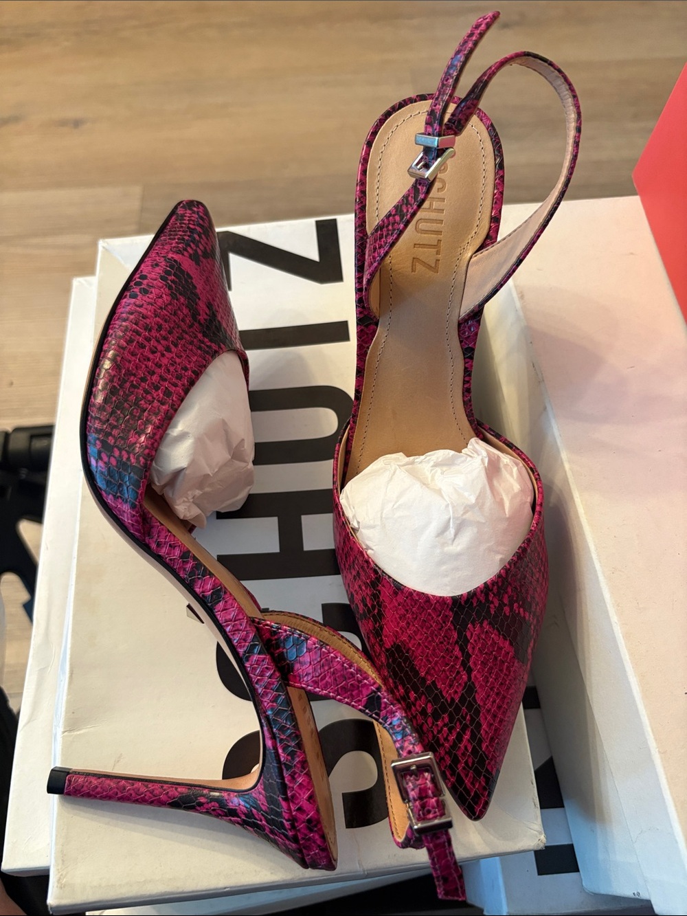 SCHUTZ Hot Pink Snake-Print Pointed Slingback Pumps 80 - Picture 3 of 7